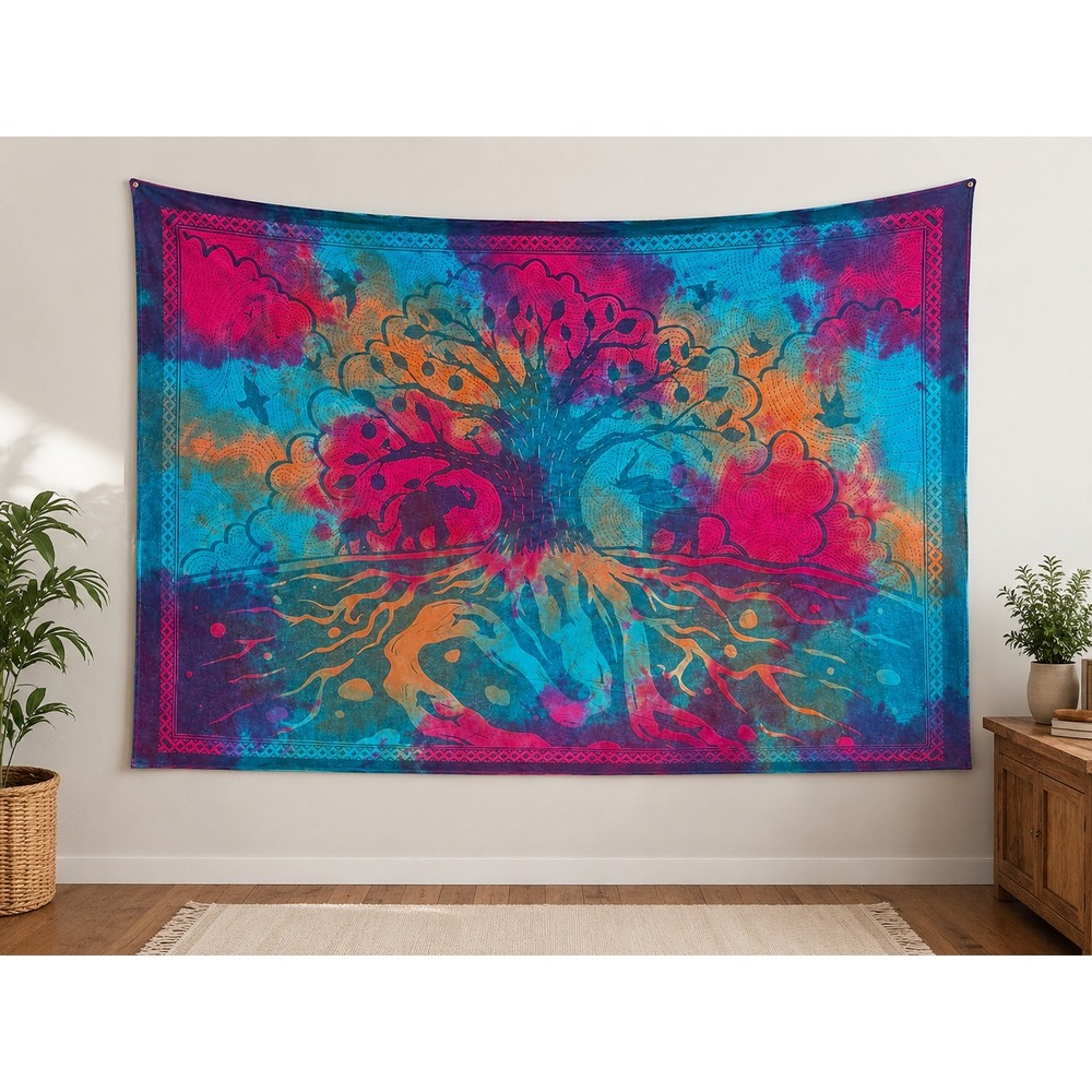 Lakhays Tapestry 84x48‎ Multicolor Tie Dye Tree of Life Elephant Boho Wall Decor